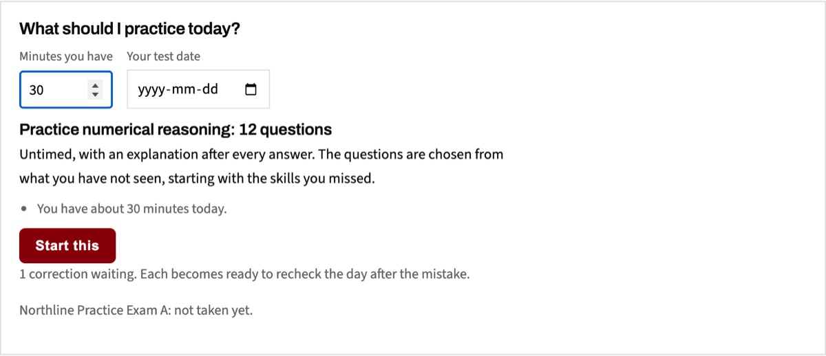The daily plan the lab builds for you: 30 minutes today, practice numerical reasoning, 12 questions, one correction waiting