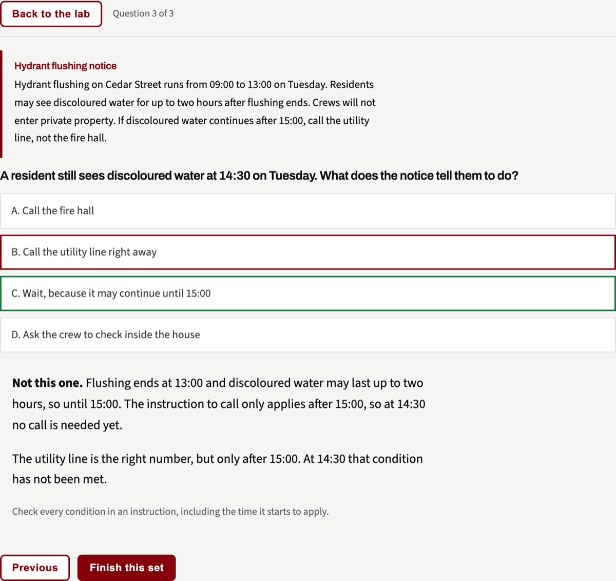 The reading question in the lab: calling the utility line right away chosen and marked wrong, waiting marked right, with the notice and the explanation