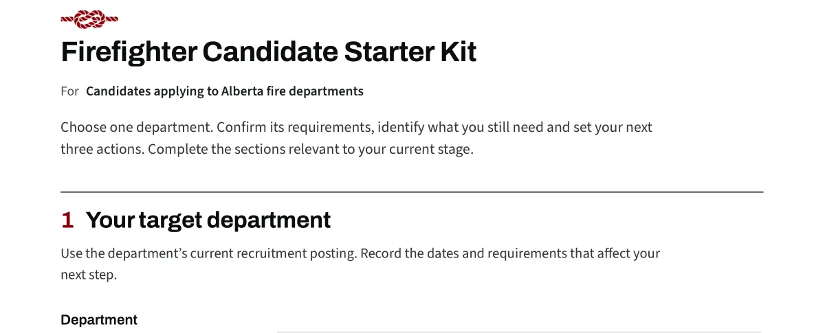 The kit's first section, Know Where You Are in the Process: a checklist that starts with application requirements confirmed, application documents organized, and aptitude and physical testing requirements confirmed.
